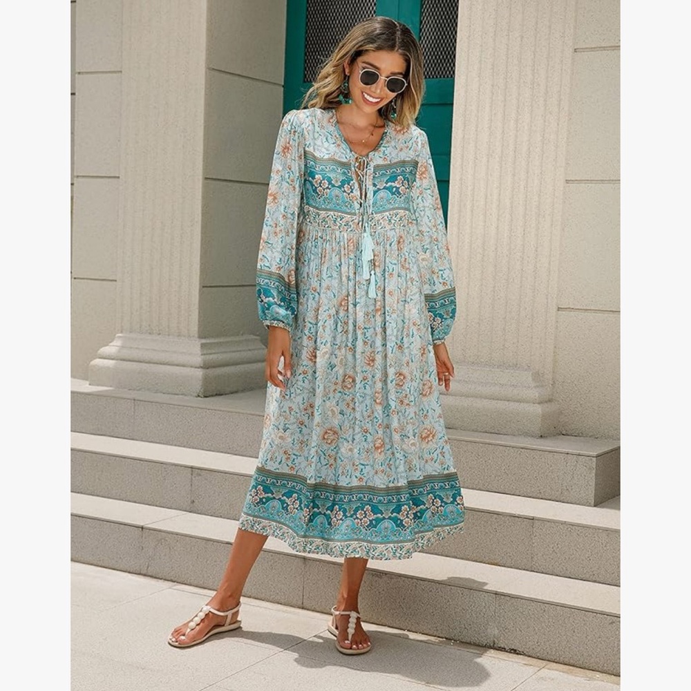 Floral Bohemian Maxi Dress - Blue and Cream